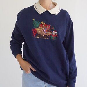 Vintage Bobbie Brooks Navy Holiday Sleigh Santa Embroidered Cotton Sweater L